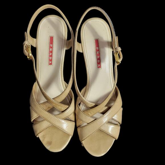 Prada Platform Sandals Tan Leather Chunky Cork Espadrille Wedge Heel Open 39.5 - Picture 2 of 15